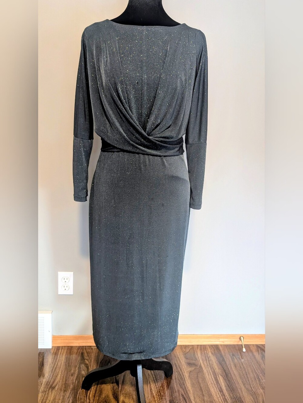 London Times Forest Green Sparkle Long-Sleeve Draped-Front Dress
